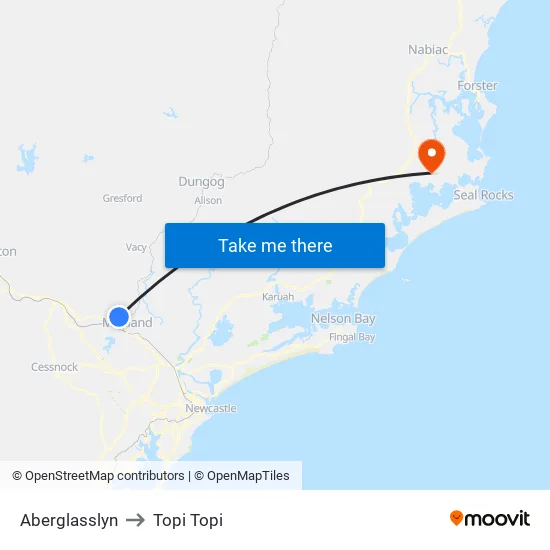 Aberglasslyn to Topi Topi map