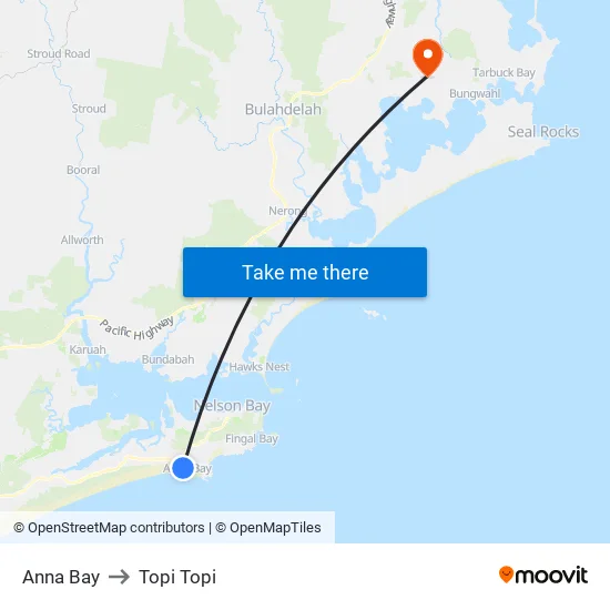 Anna Bay to Topi Topi map