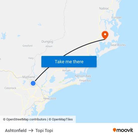 Ashtonfield to Topi Topi map