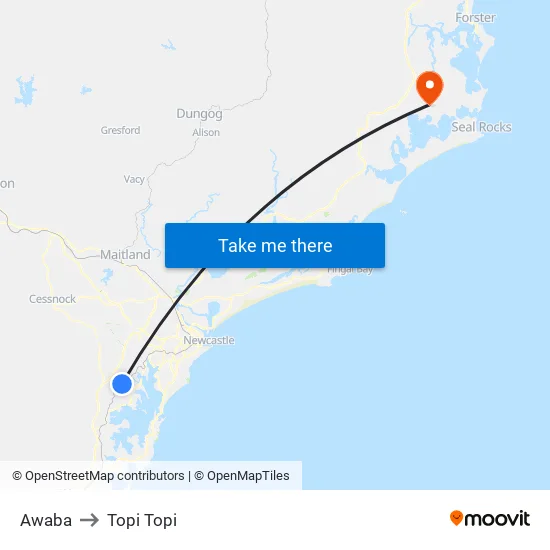 Awaba to Topi Topi map