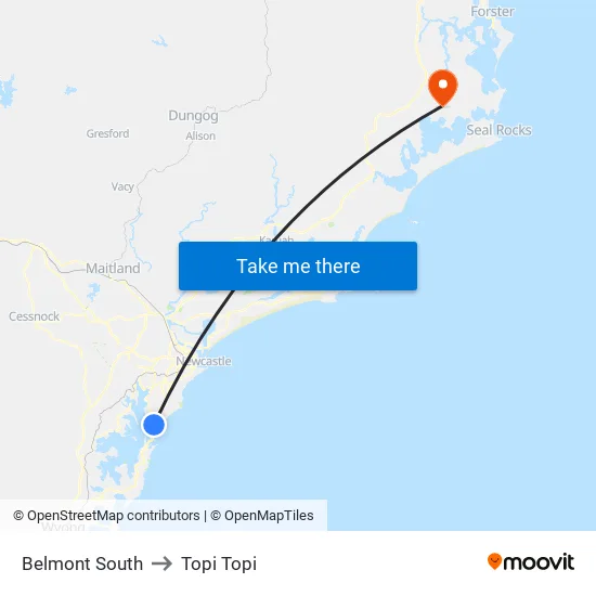 Belmont South to Topi Topi map