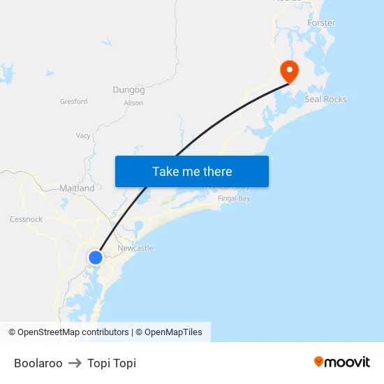 Boolaroo to Topi Topi map