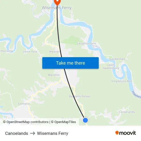 Canoelands to Wisemans Ferry map