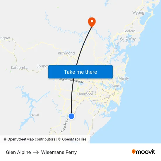 Glen Alpine to Wisemans Ferry map