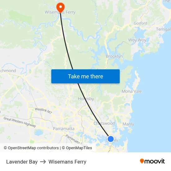 Lavender Bay to Wisemans Ferry map
