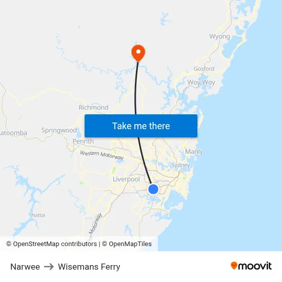Narwee to Wisemans Ferry map