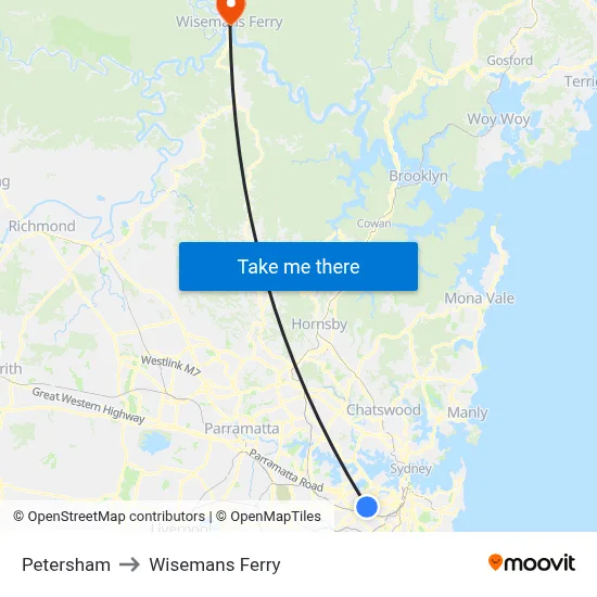 Petersham to Wisemans Ferry map
