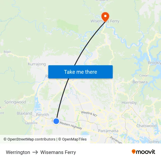 Werrington to Wisemans Ferry map