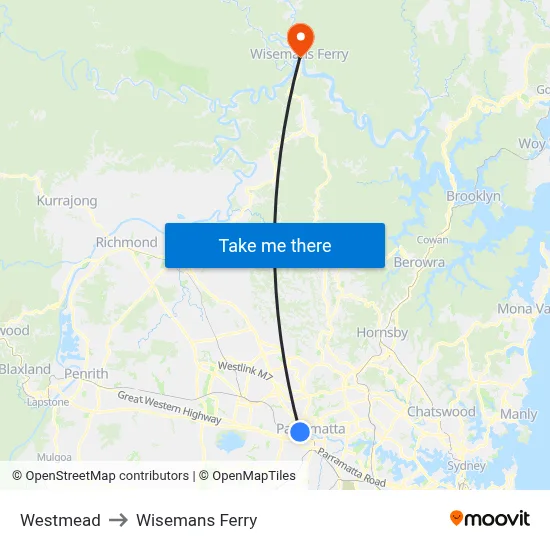 Westmead to Wisemans Ferry map