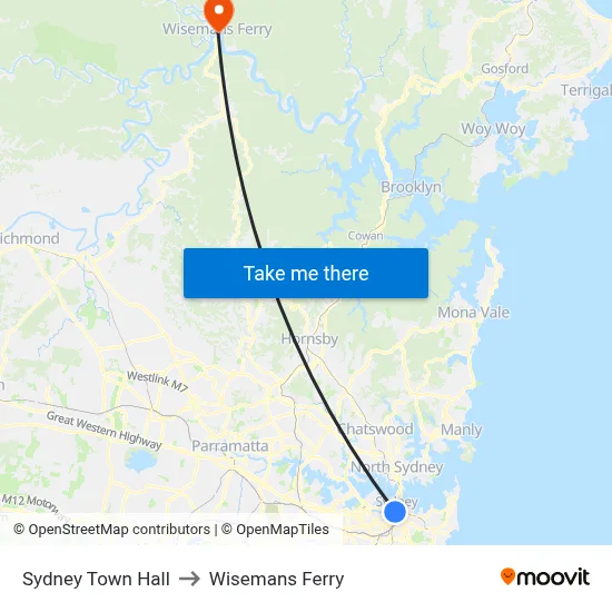 Sydney Town Hall to Wisemans Ferry map