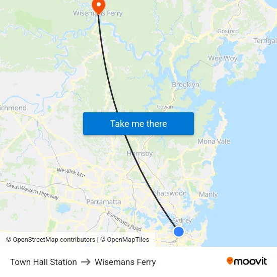 Town Hall Station to Wisemans Ferry map