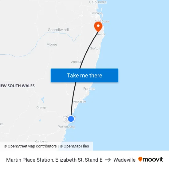 Martin Place Station, Elizabeth St, Stand E to Wadeville map