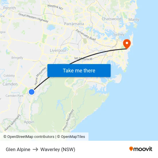 Glen Alpine to Waverley (NSW) map