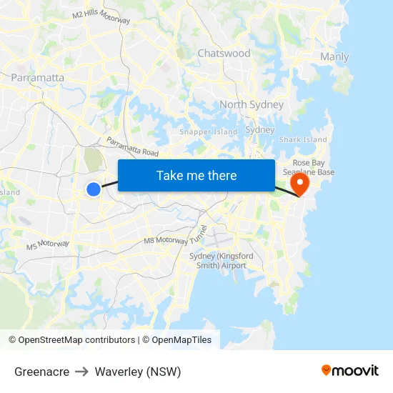Greenacre to Waverley (NSW) map