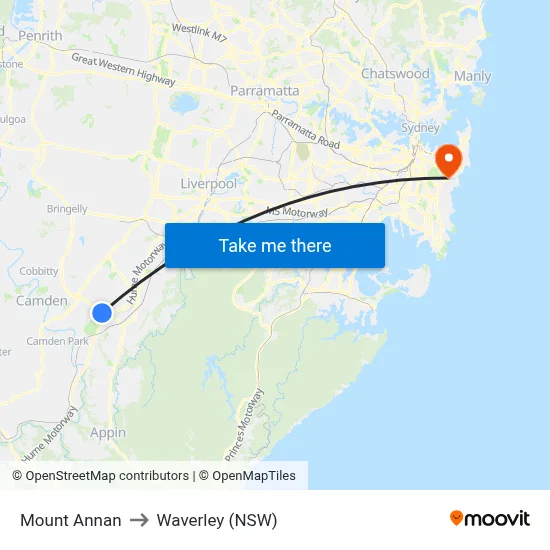 Mount Annan to Waverley (NSW) map
