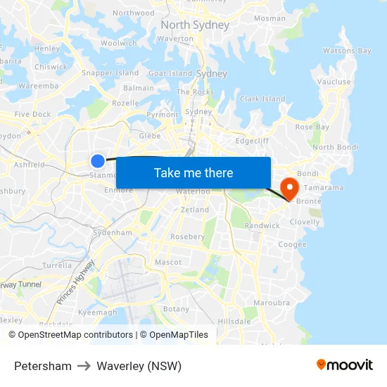 Petersham to Waverley (NSW) map