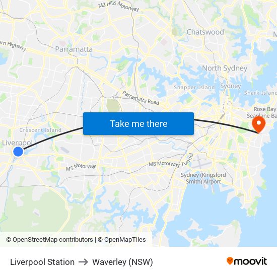 Liverpool Station to Waverley (NSW) map