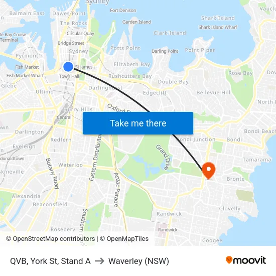 QVB, York St, Stand A to Waverley (NSW) map