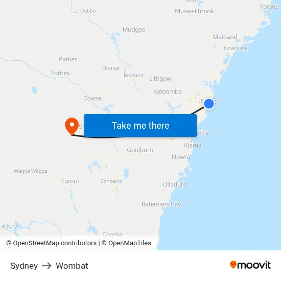 Sydney to Wombat map