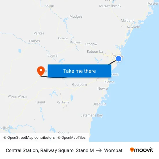 Central Station, Railway Square, Stand M to Wombat map