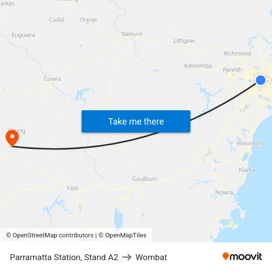 Parramatta Station, Stand A2 to Wombat map