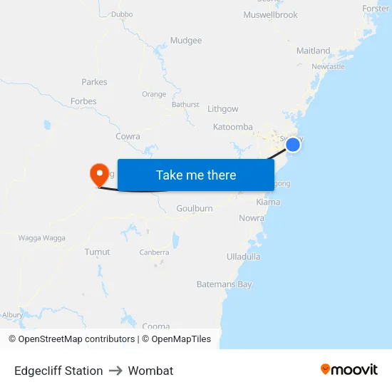 Edgecliff Station to Wombat map