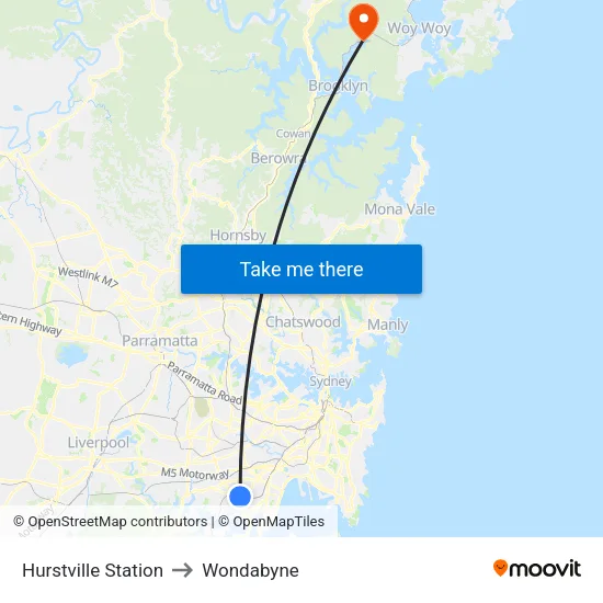 Hurstville Station to Wondabyne map