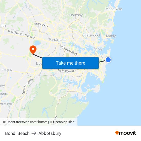 Bondi Beach to Abbotsbury map