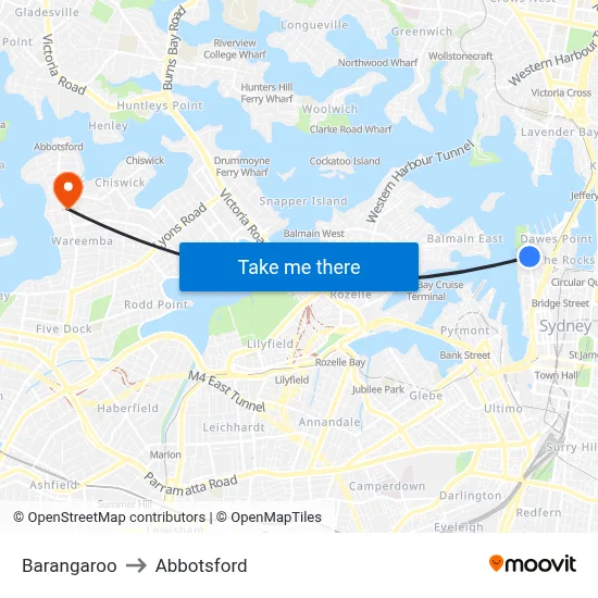 Barangaroo to Abbotsford map