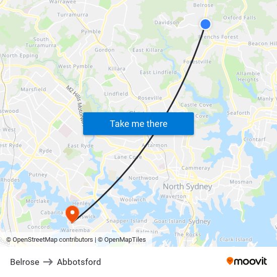 Belrose to Abbotsford map