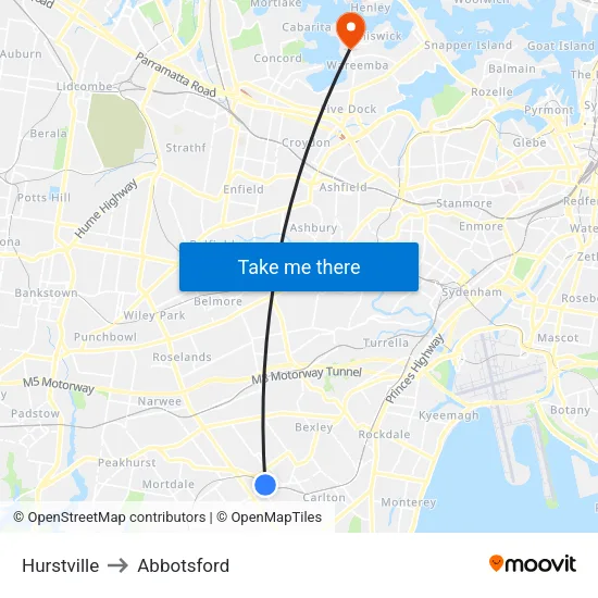 Hurstville to Abbotsford map