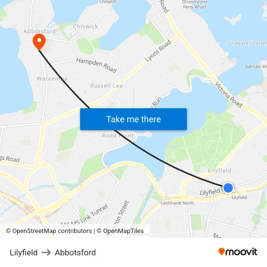 Lilyfield to Abbotsford map