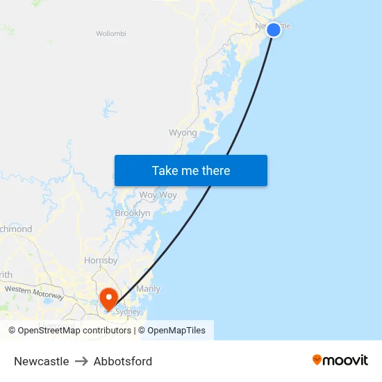 Newcastle to Abbotsford map