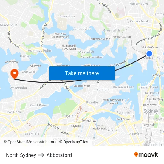 North Sydney to Abbotsford map