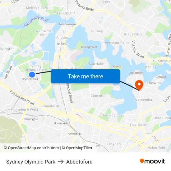 Sydney Olympic Park to Abbotsford map