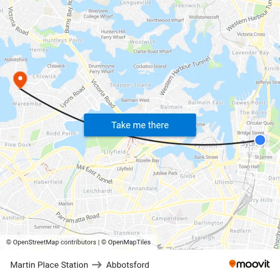 Martin Place Station to Abbotsford map