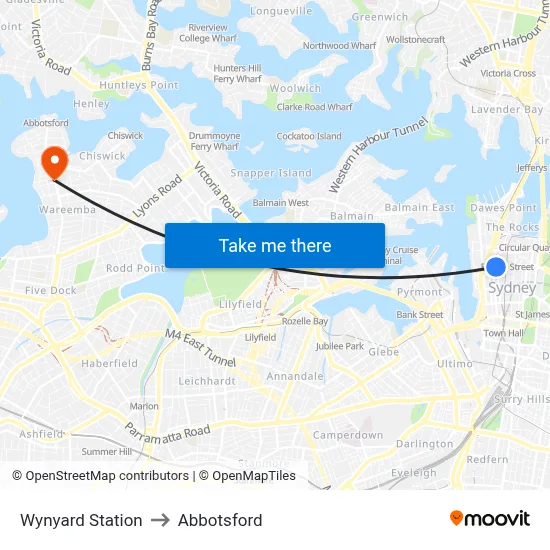 Wynyard Station to Abbotsford map