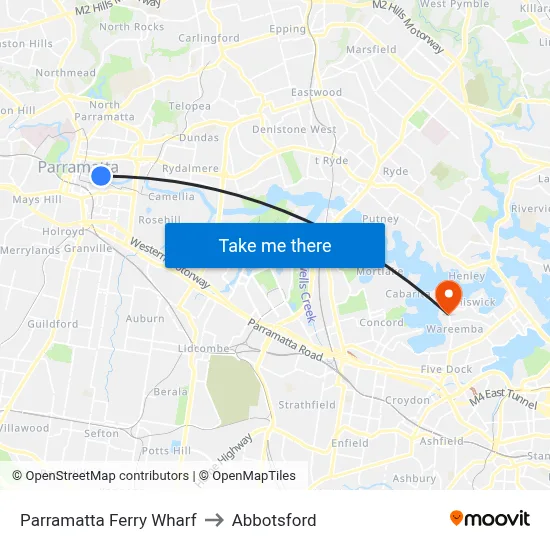 Parramatta Ferry Wharf to Abbotsford map
