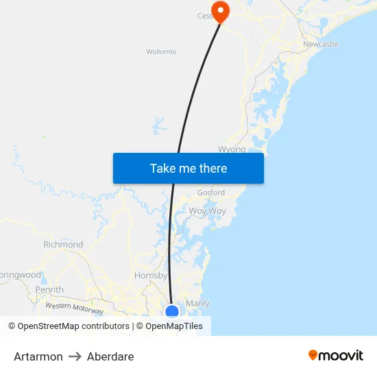 Artarmon to Aberdare map