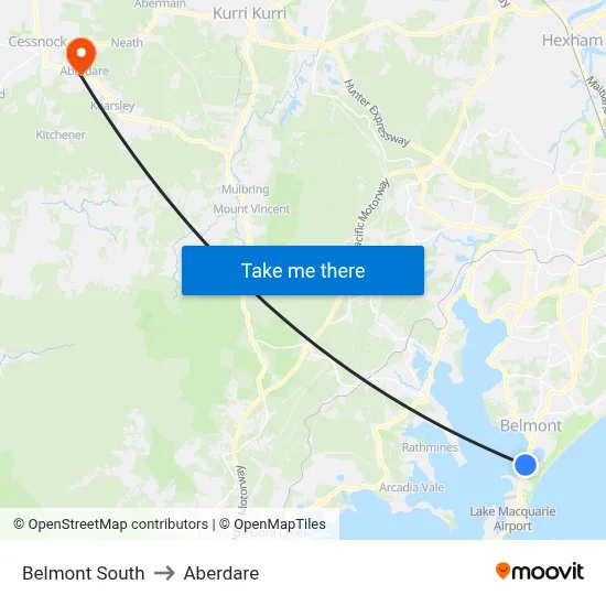 Belmont South to Aberdare map