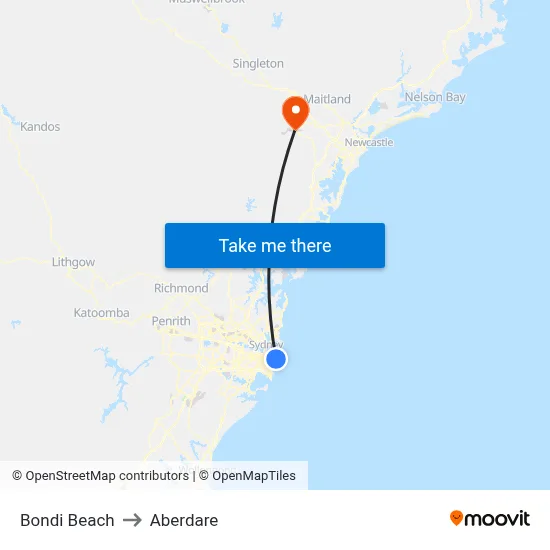 Bondi Beach to Aberdare map