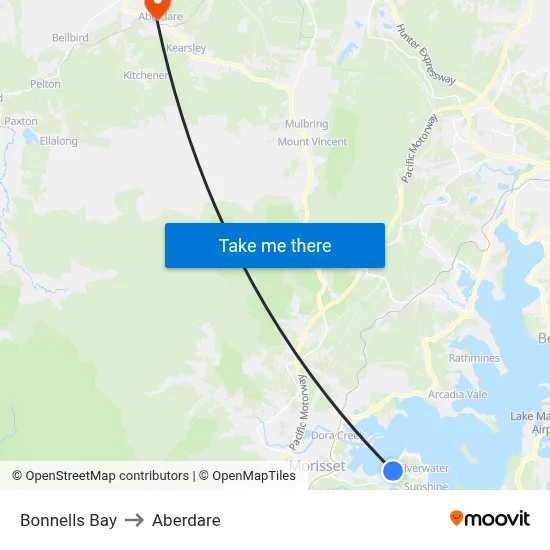 Bonnells Bay to Aberdare map