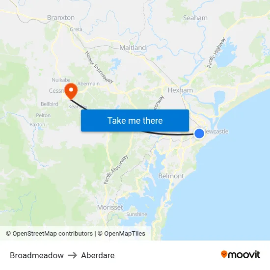 Broadmeadow to Aberdare map