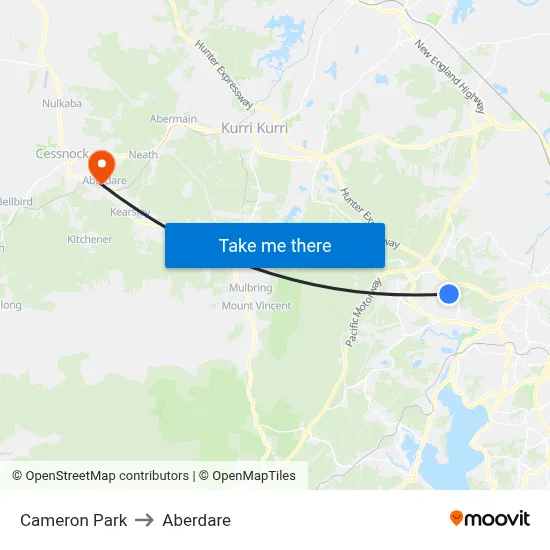 Cameron Park to Aberdare map
