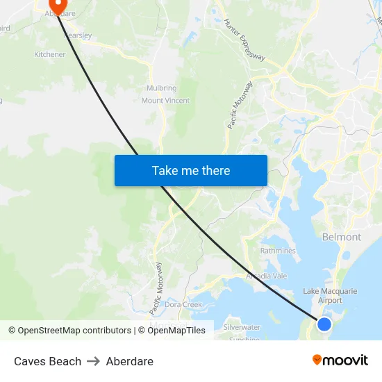 Caves Beach to Aberdare map