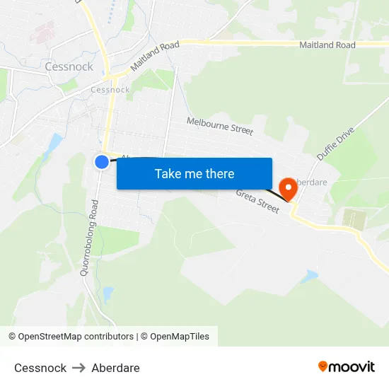 Cessnock to Aberdare map