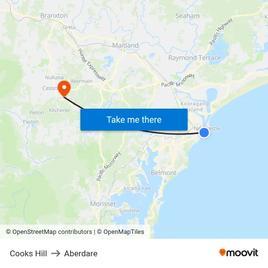 Cooks Hill to Aberdare map