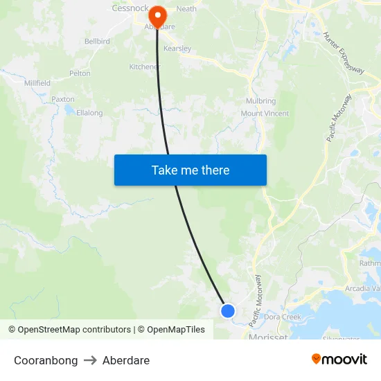 Cooranbong to Aberdare map