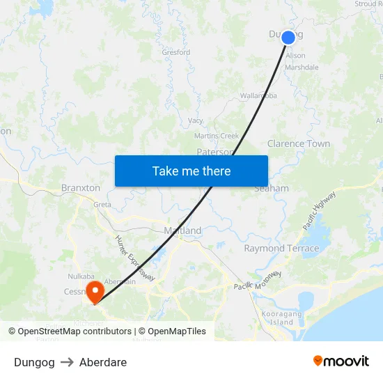 Dungog to Aberdare map