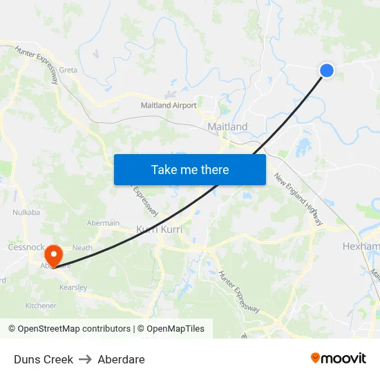 Duns Creek to Aberdare map